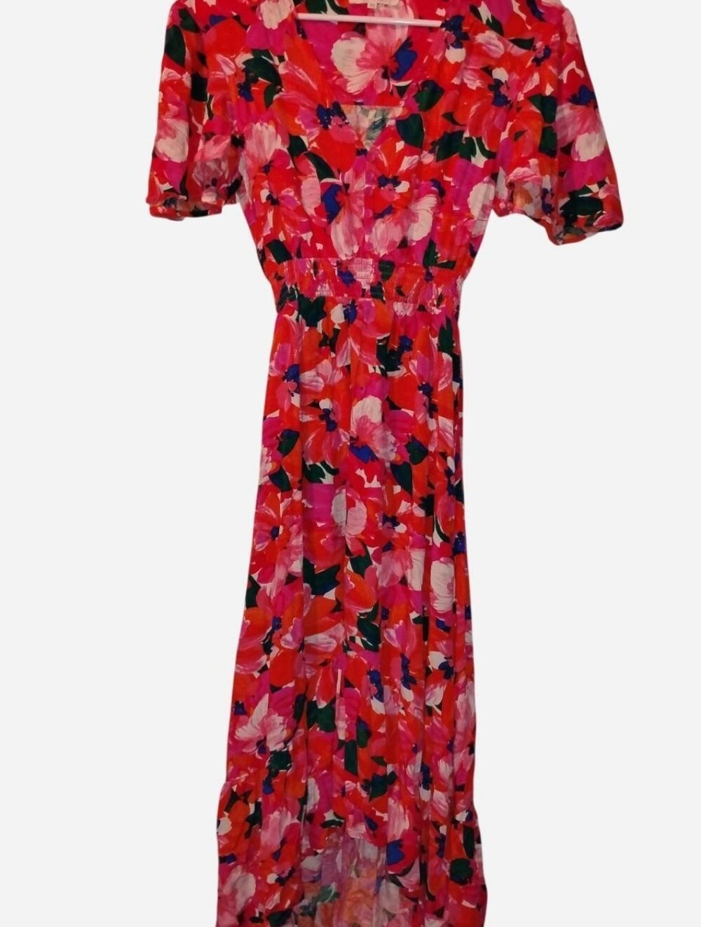 Abel The Label Floral High-Low Maxi Dress XS Smocked Waist Flutter Sleeve